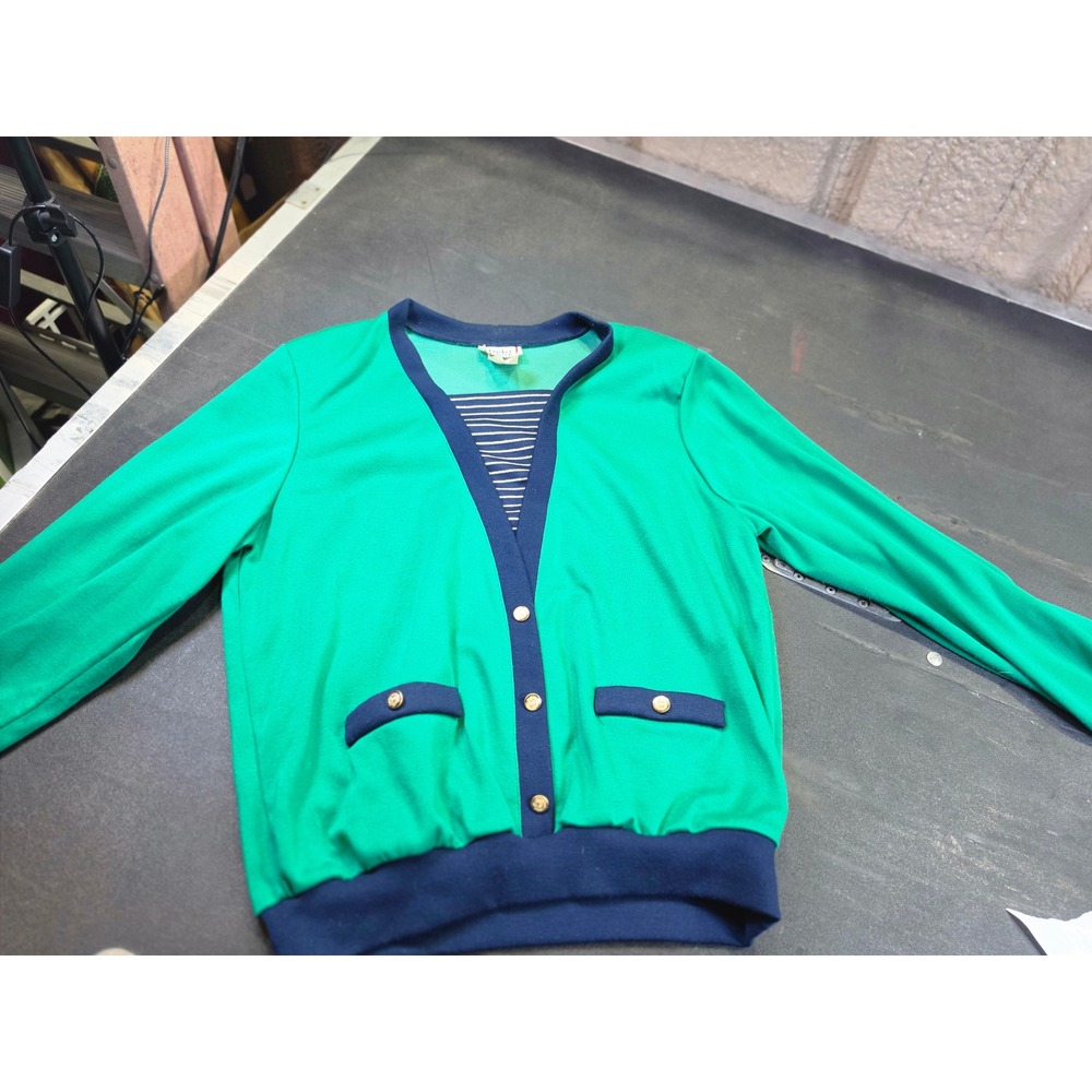 Vintage Cricket Lane Green Navy Cardigan Gold Button Stripe Inset Sweater Large